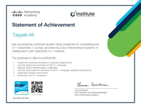 Cisco C++ Essentials 1 — Statement of Achievement