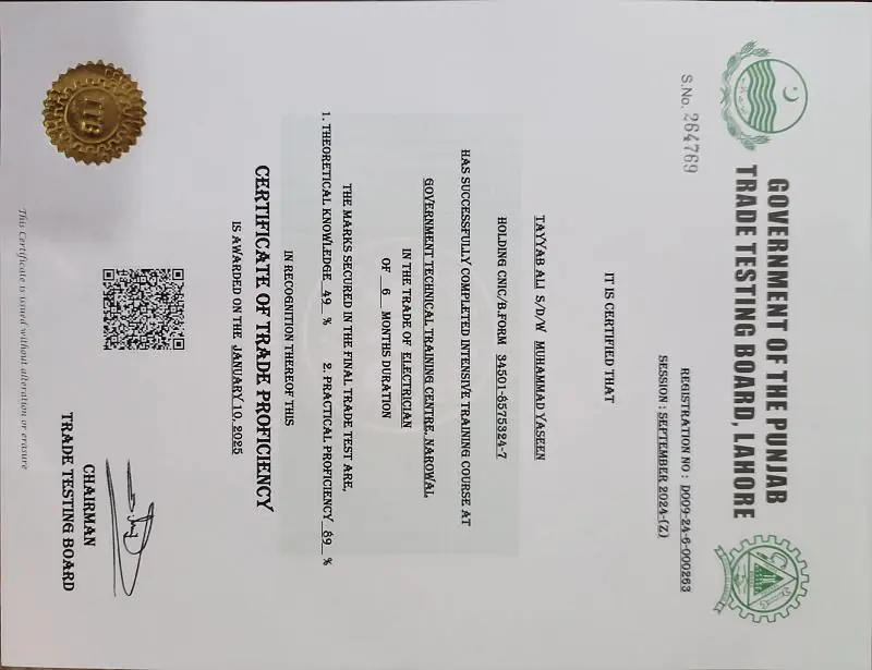 Trade Proficiency Certificate — Electrician